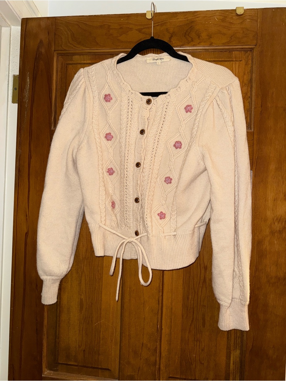 EUC Simple Retro Cream & pink floral cardigan with tie waist, size L